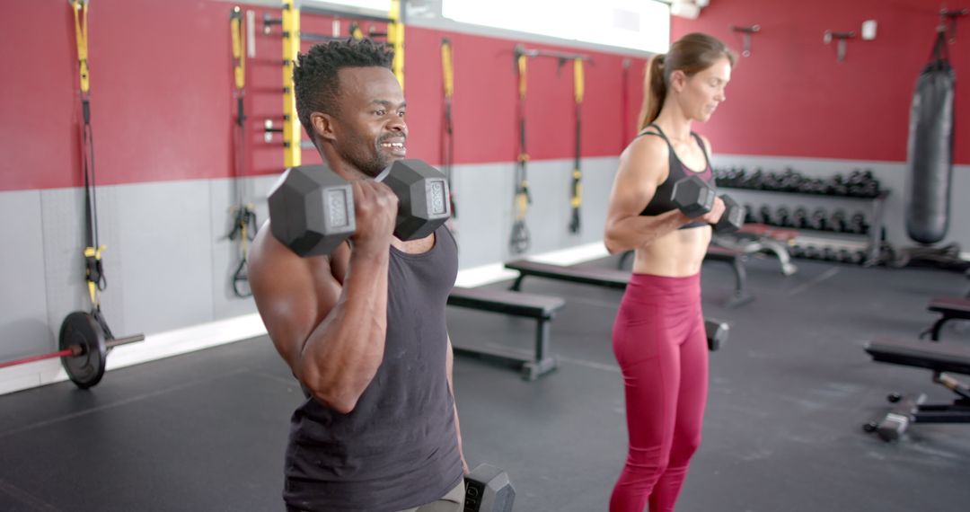 Diverse Gym Partners Lifting Dumbbells with Determination