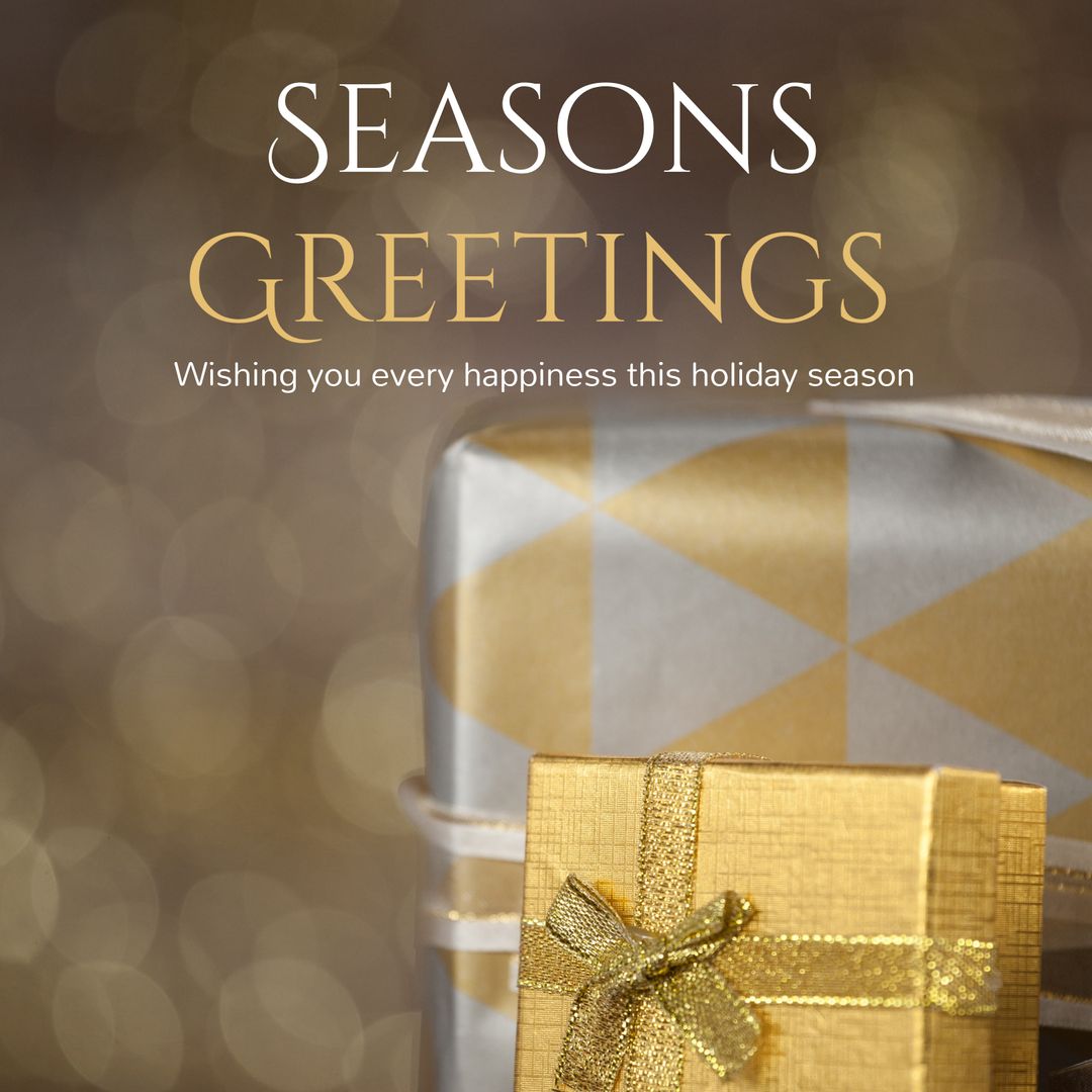 Festive Golden Gift Box with Glittery Background Greeting