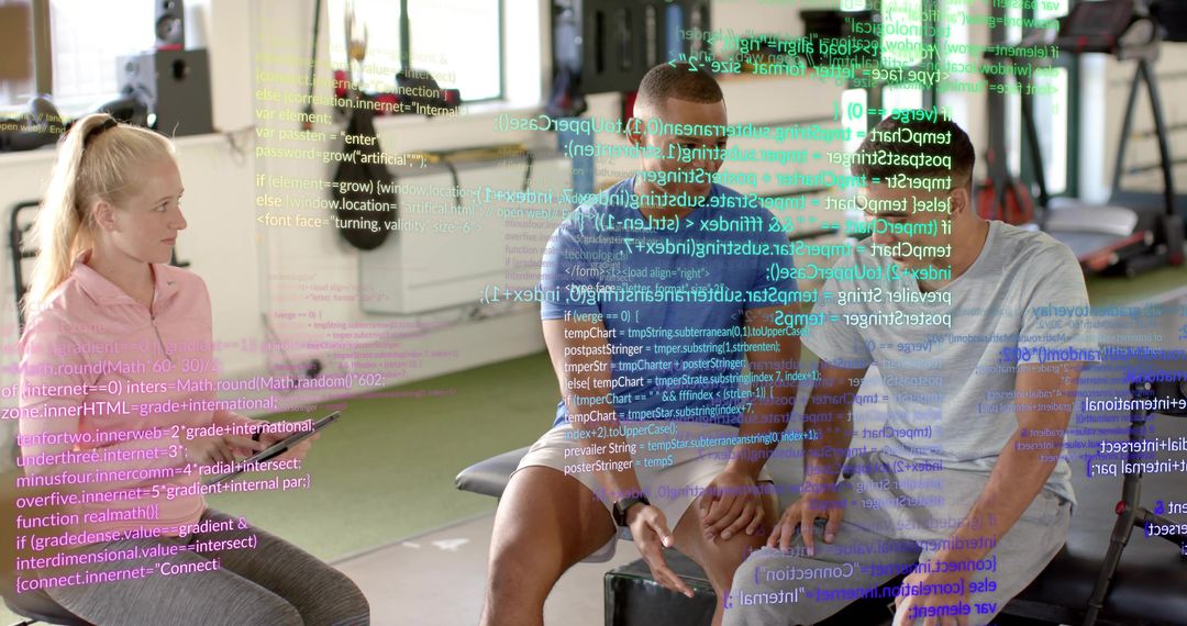 Trainer Reviewing Workout Data with Clients Using Digital Overlay for Smart Gym Coaching