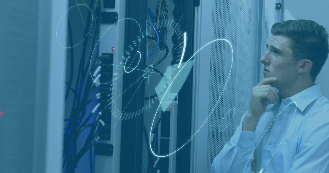 Worker Contemplating Solutions in a Network Server Room