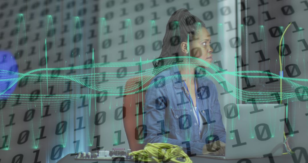 African American Female Tech Engineer in Server Room with Binary Code Overlay