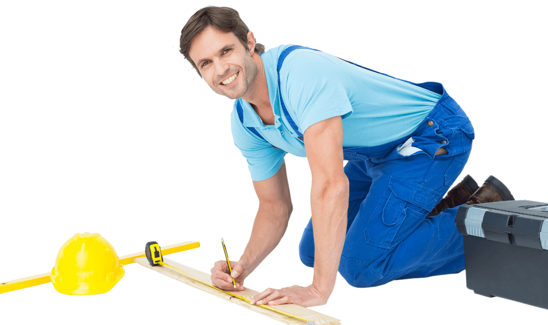 Transparent Background Confident Worker Measuring Wooden Plank With Tools
