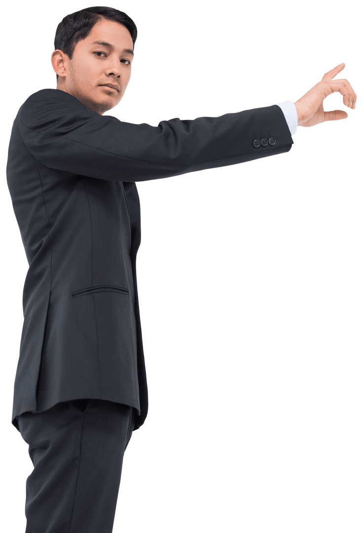 Transparent Asian Businessman Showing Index Finger in Formal Suit