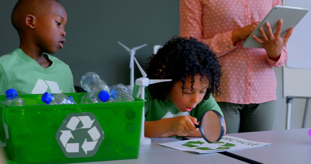 Young Students Learning About Recycling and Green Energy in Classroom