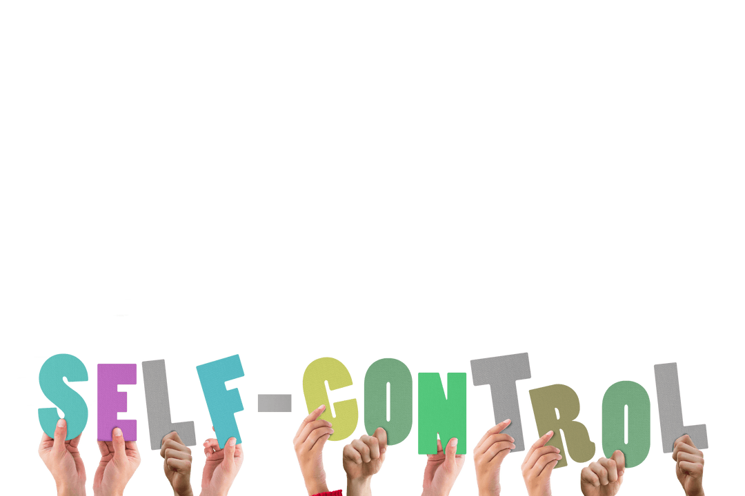 Hands Holding Colorful Self-Control Letters on Transparent Background