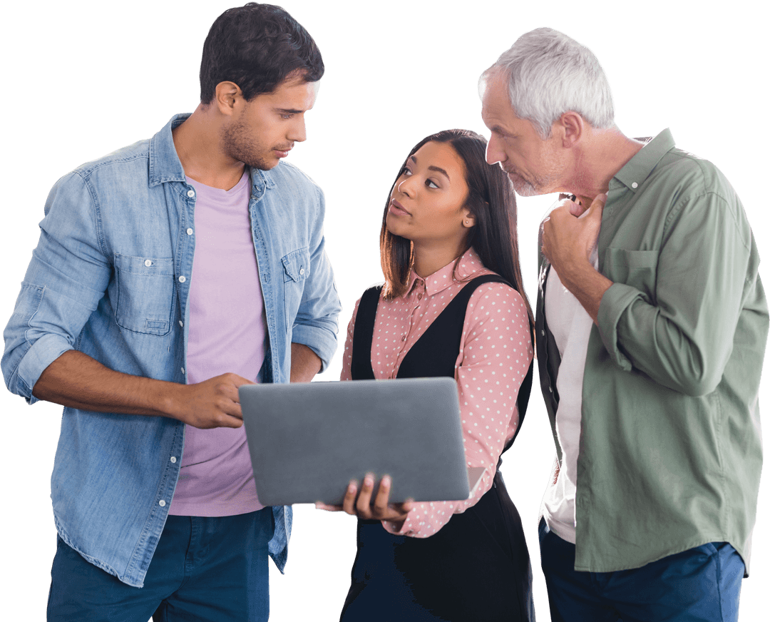 Diverse Team Discussing Ideas with Transparent Laptop Collaboration