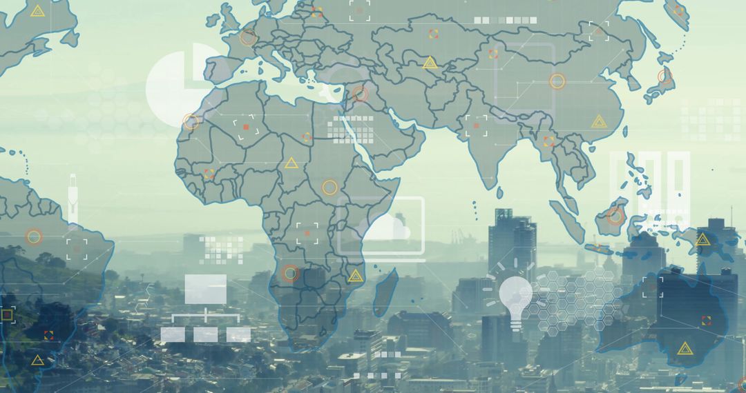 Transparent World Map Overlay on Urban Skyline with Digital Icons
