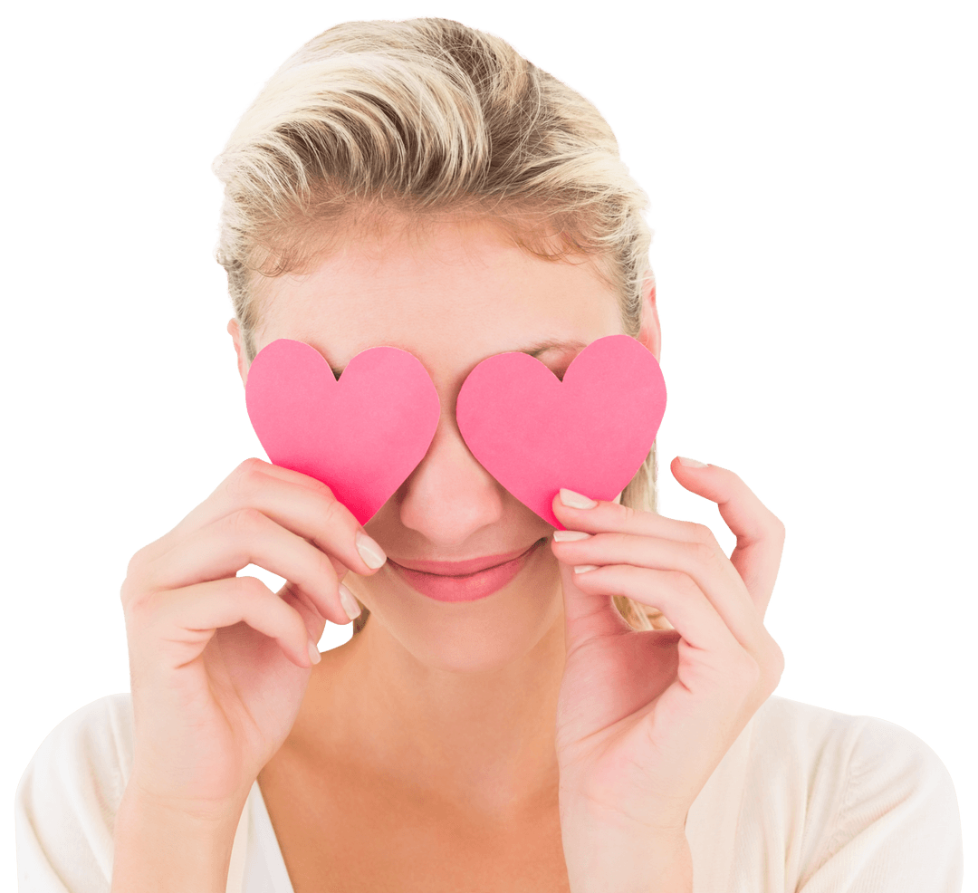Blonde Woman Playfully Holding Red Heart-Shaped Objects Transparent Background