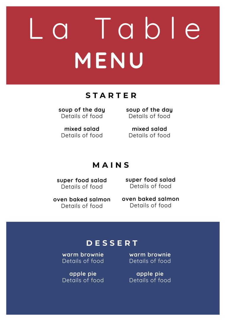 Elegant Red and Blue Fine Dining Menu Design Template