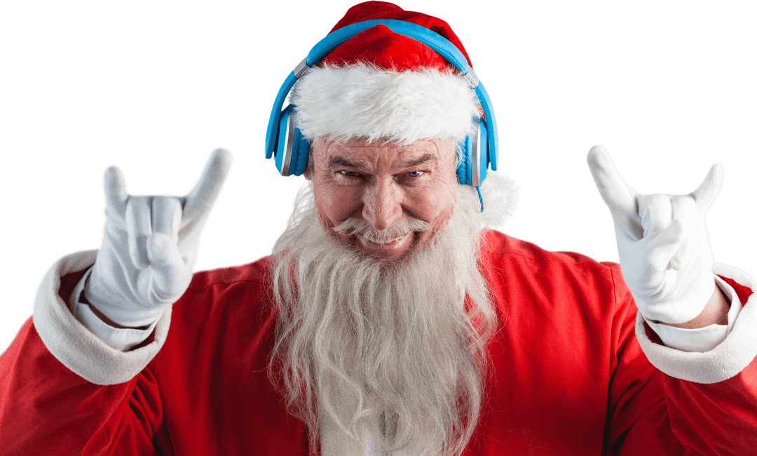 Hip Santa Claus with Headphones Making Rock Gesture Transparent