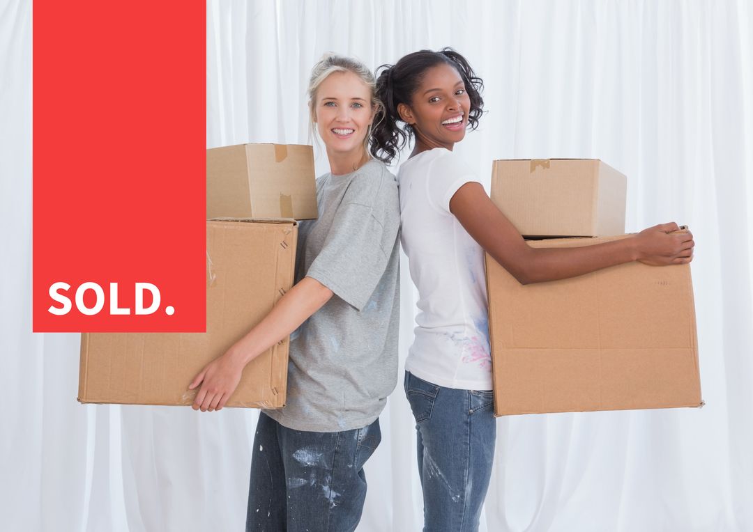 Two Women Holding Boxes Celebrating Sold House - Download Free Stock Templates Pikwizard.com