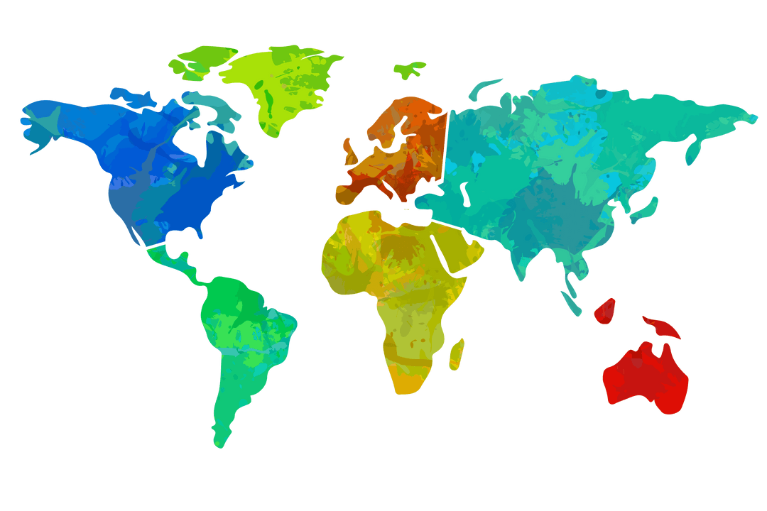 Colorful Digital World Map Illustration on Transparent Background