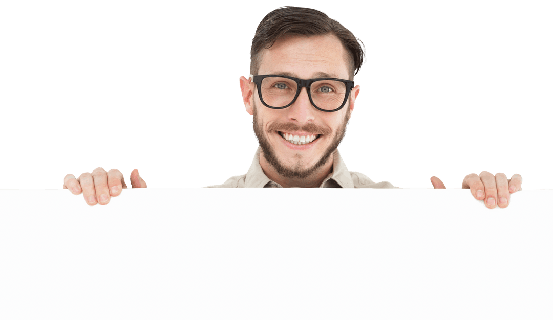 Transparent Geeky Hipster Holding Blank Poster Smiling