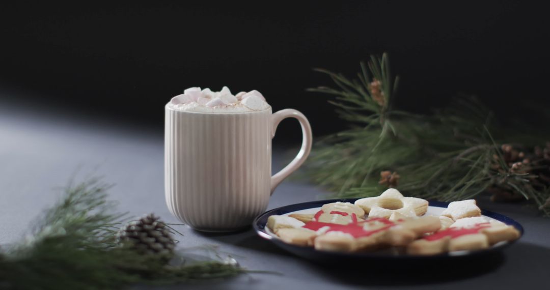 Cozy Holiday Drink And Festive Cookies With Pine Branches - Free Images, Stock Photos and Pictures on Pikwizard.com