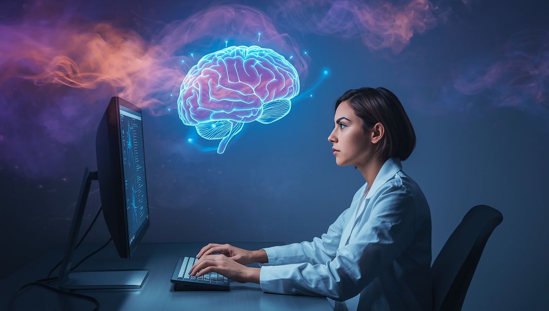 Scientist Analyzing Holographic Brain in Futuristic Lab