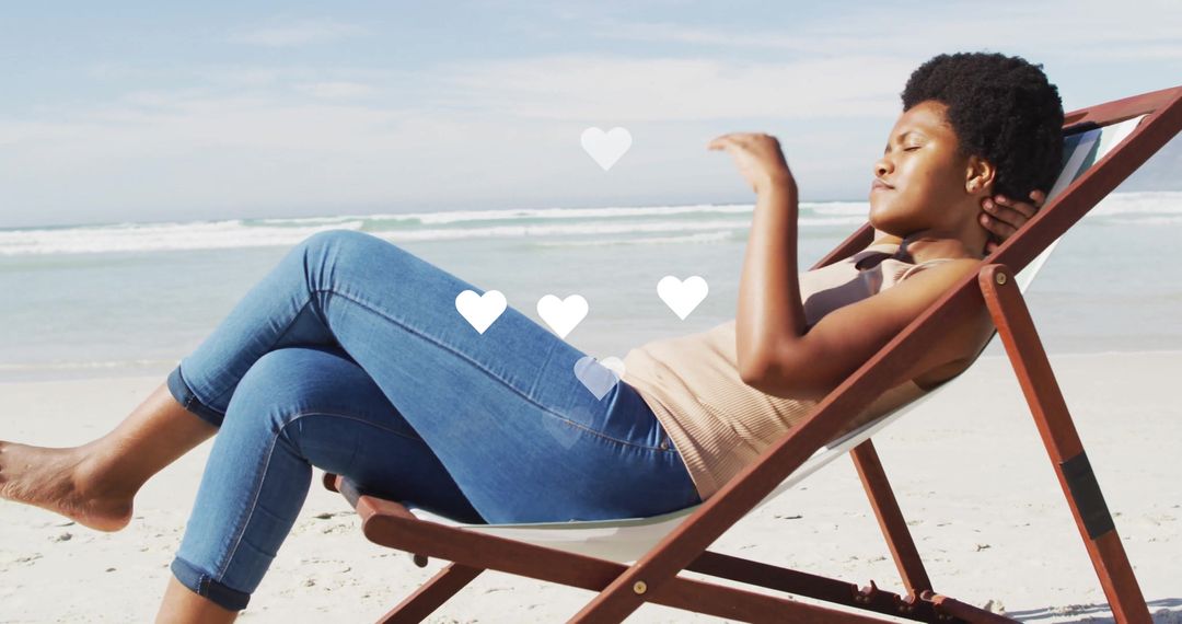 Woman Relaxing on Beach Chair with Heart Symbol Overlays