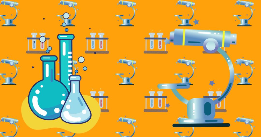 Vibrant Microscope and Lab Flask Seamless Pattern on Orange