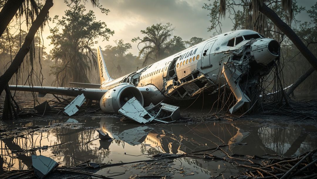 Abandoned plane crash wreckage in swampy bayou landscape