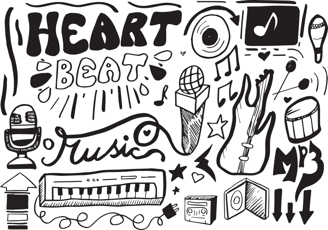 Heart Beat Music Icons Doodle on Transparent