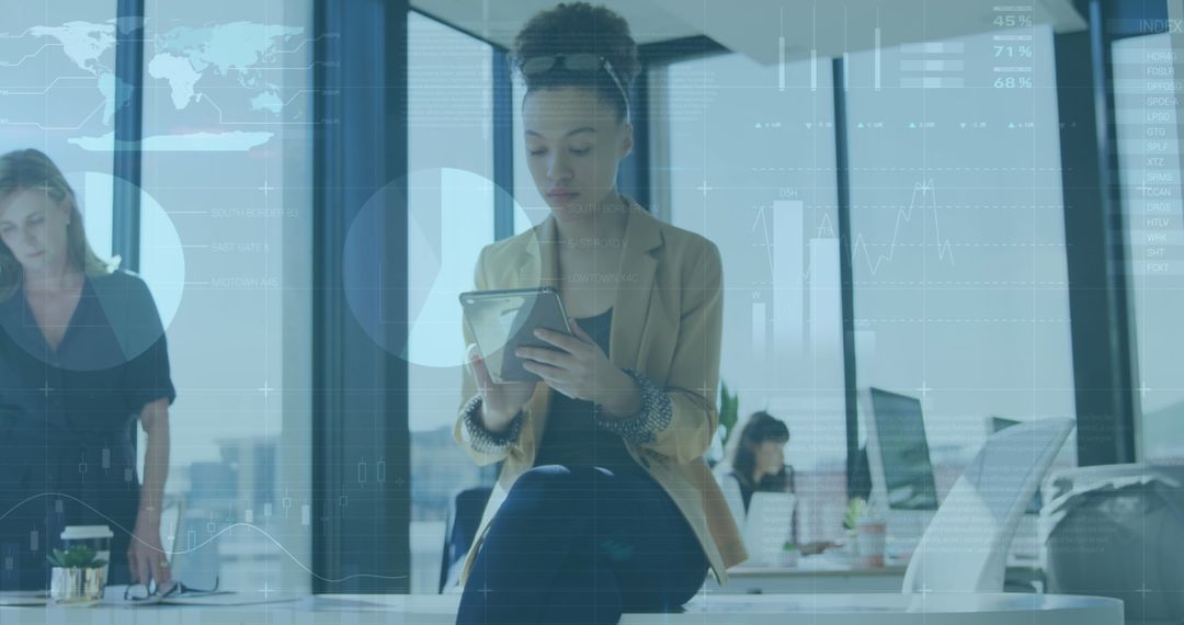 Businesswoman with Digital Data Visualization in Modern Office