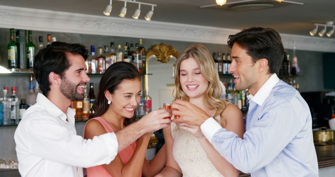 Happy Couples Toasting to Friendship in Stylish Bar Setting