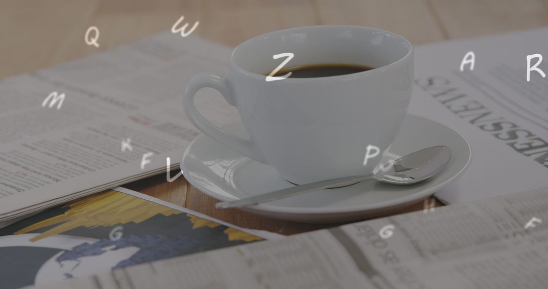 Coffee Cup with Floating Alphabet over Documents