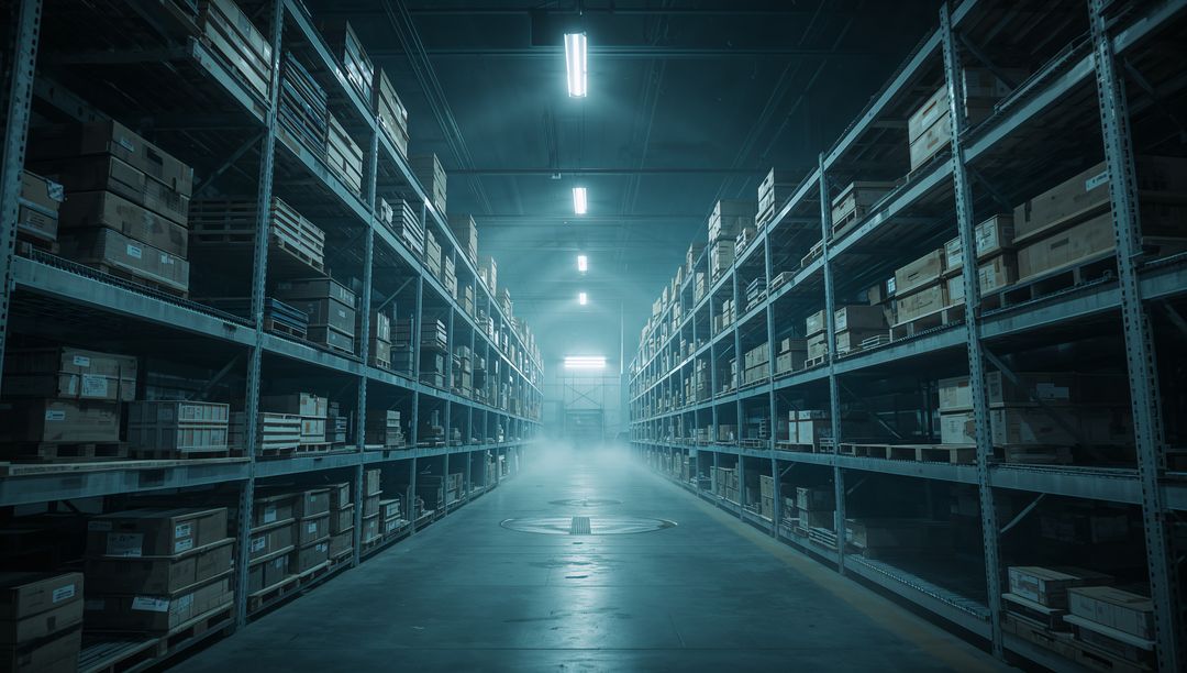 Industrial warehouse aisle featuring symmetrical racks, stacked boxes and docking pad