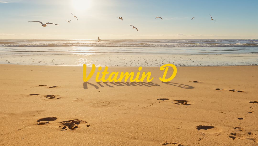 Sunlight bathing sandy beach with footprints, seagulls and bold Vitamin D text overlay