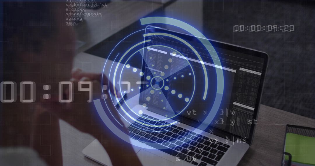Futuristic coding workspace with blue HUD overlay, countdown timer, woman working