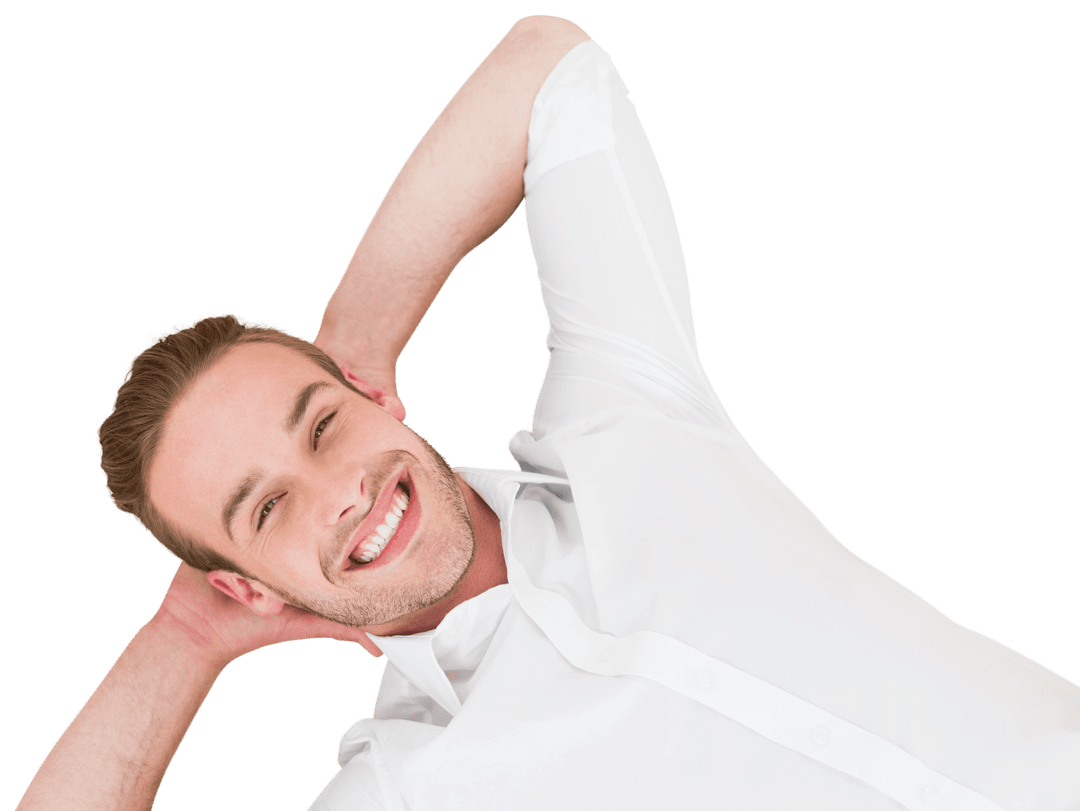 Happy Man Relaxing in White Shirt on Transparent Background