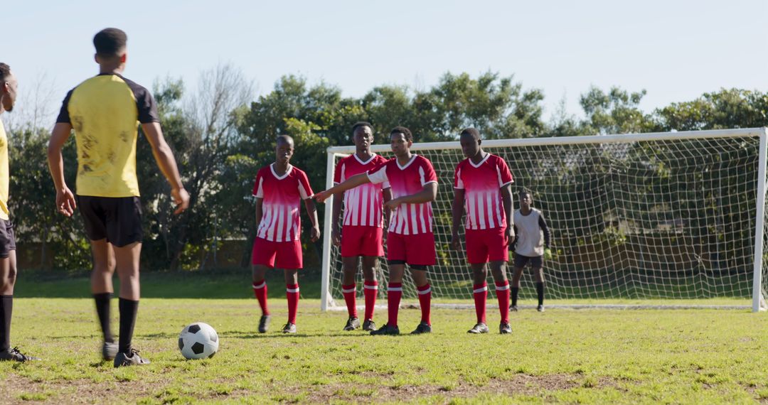 Diverse Soccer Team Practicing Free Kick on Field Against Grass Setup