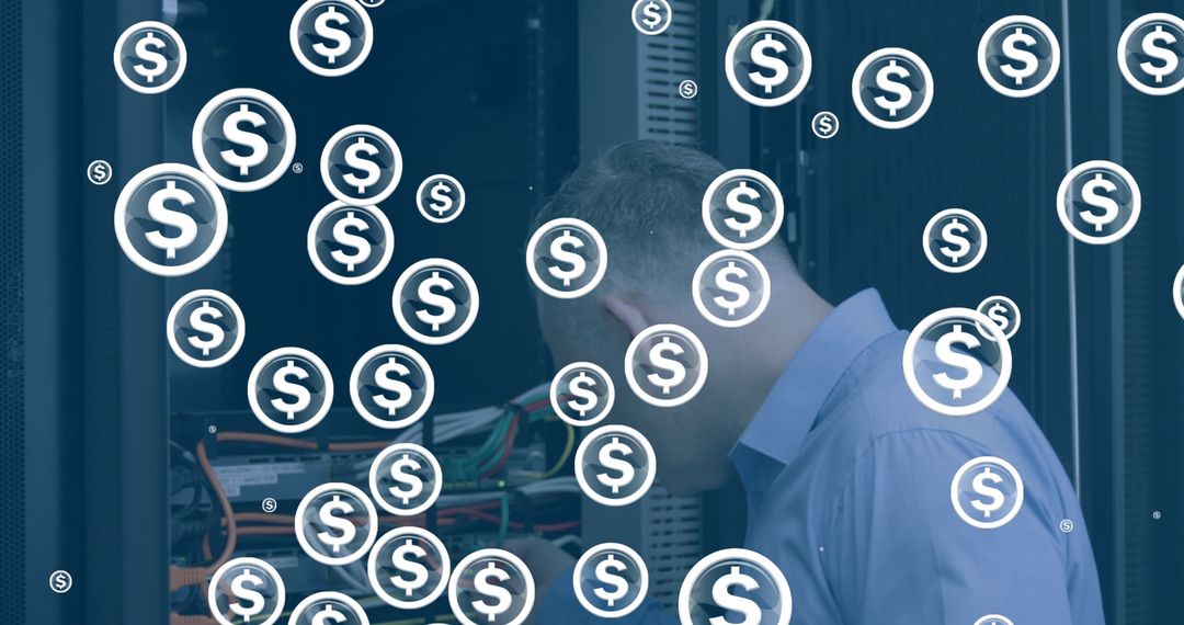 Businessman Analyzing Servers With Digital Currency Overlay