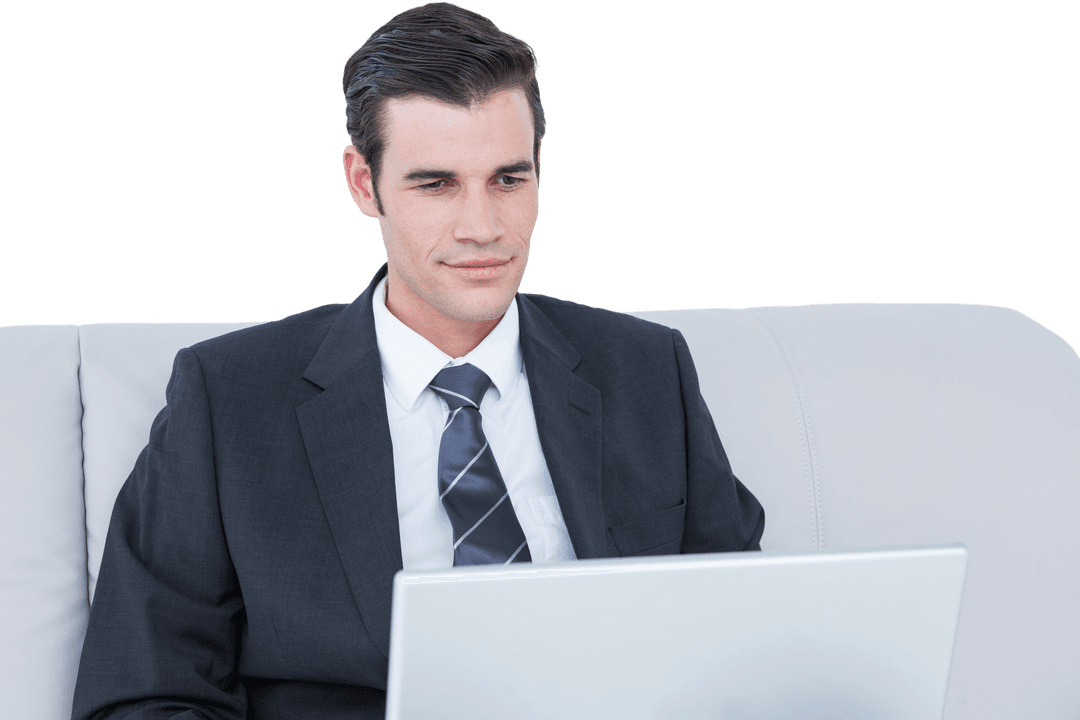 Elegant Businessman in Suit Sitting on Sofa with Transparent Laptop
