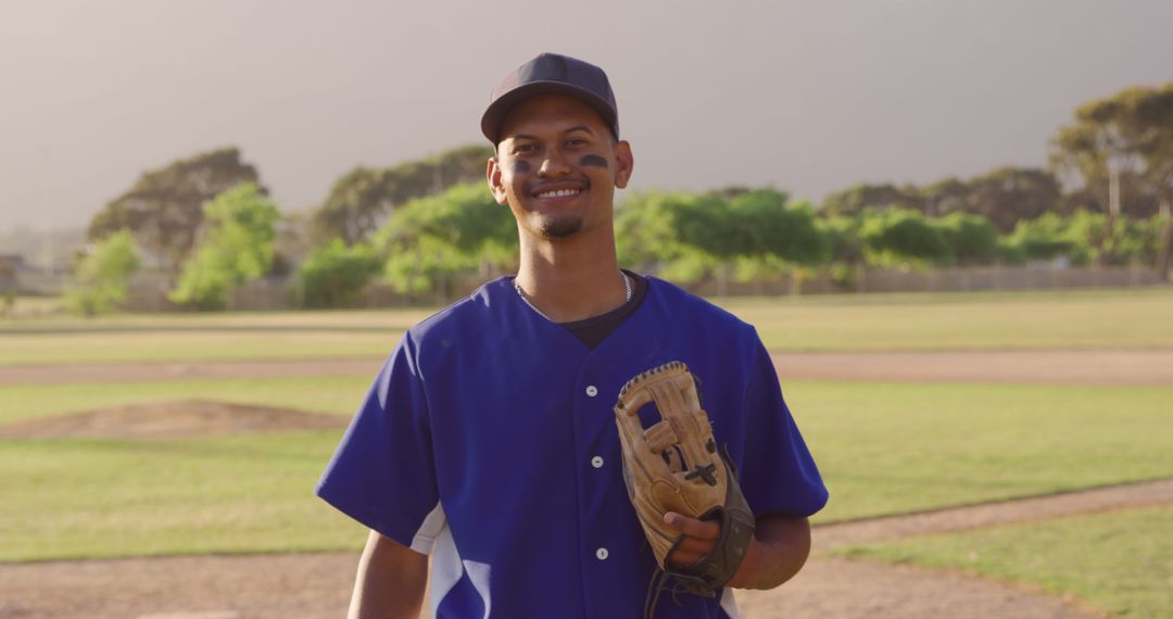 Smiling Baseball Player Standing With Glove in Sunny Field - Free Images, Stock Photos and Pictures on Pikwizard.com