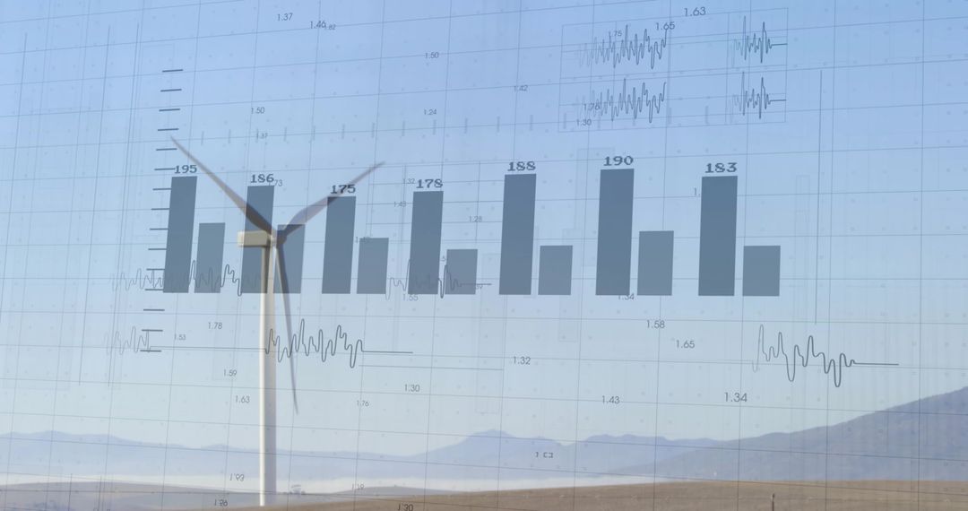 Wind turbine rising over data overlay, bar chart and waveform for renewable energy monitoring
