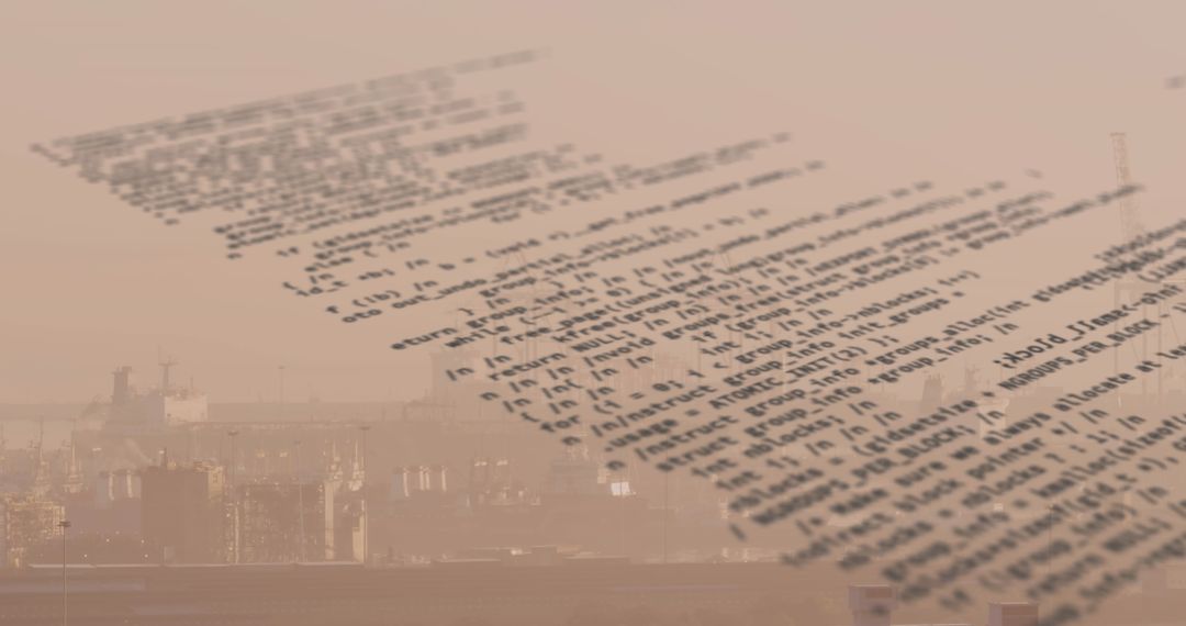 Digital Code Overlay on Cityscape Background Environmental Theme