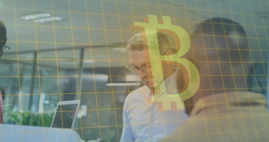 Bitcoin Symbol and Diverse Team Office Meeting Digital Concept
