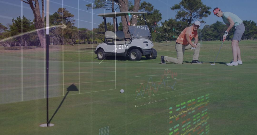 Couple Lining Up Golf Putt with Data Overlays on Green