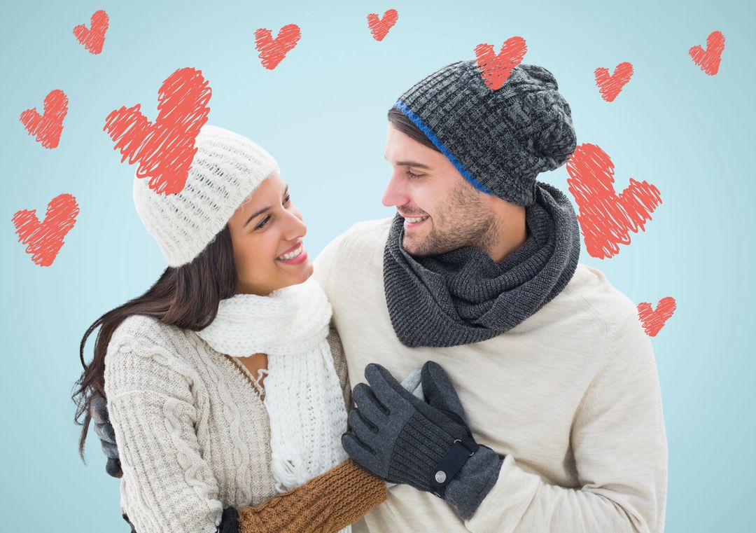 Romantic Winter Couple with Hand-drawn Hearts Backdrop