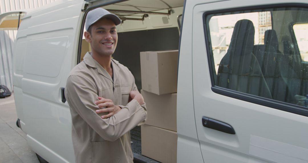 Delivery Worker Smiling Next to Van with Boxes - Free Images, Stock Photos and Pictures on Pikwizard.com