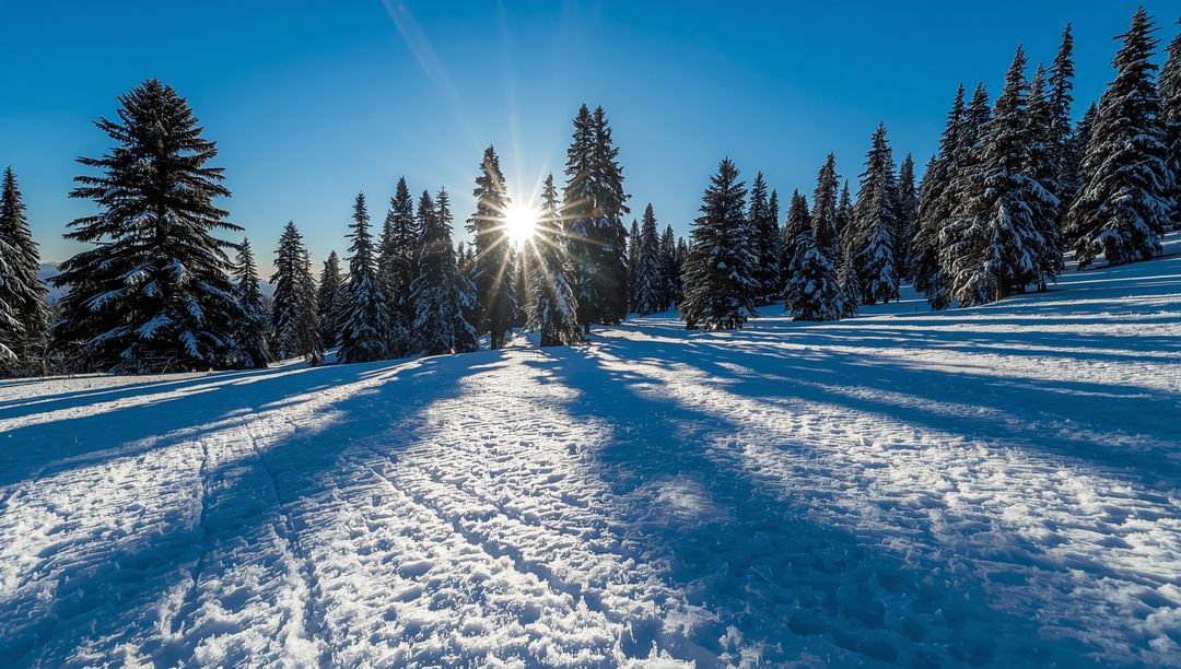 Sunburst Shining Through Snowy Fir Trees Casting Long Shadows Across Alpine Clearing