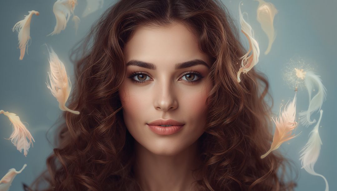 Ethereal woman with flowing curls and floating feathers, whimsical fantasy portrait