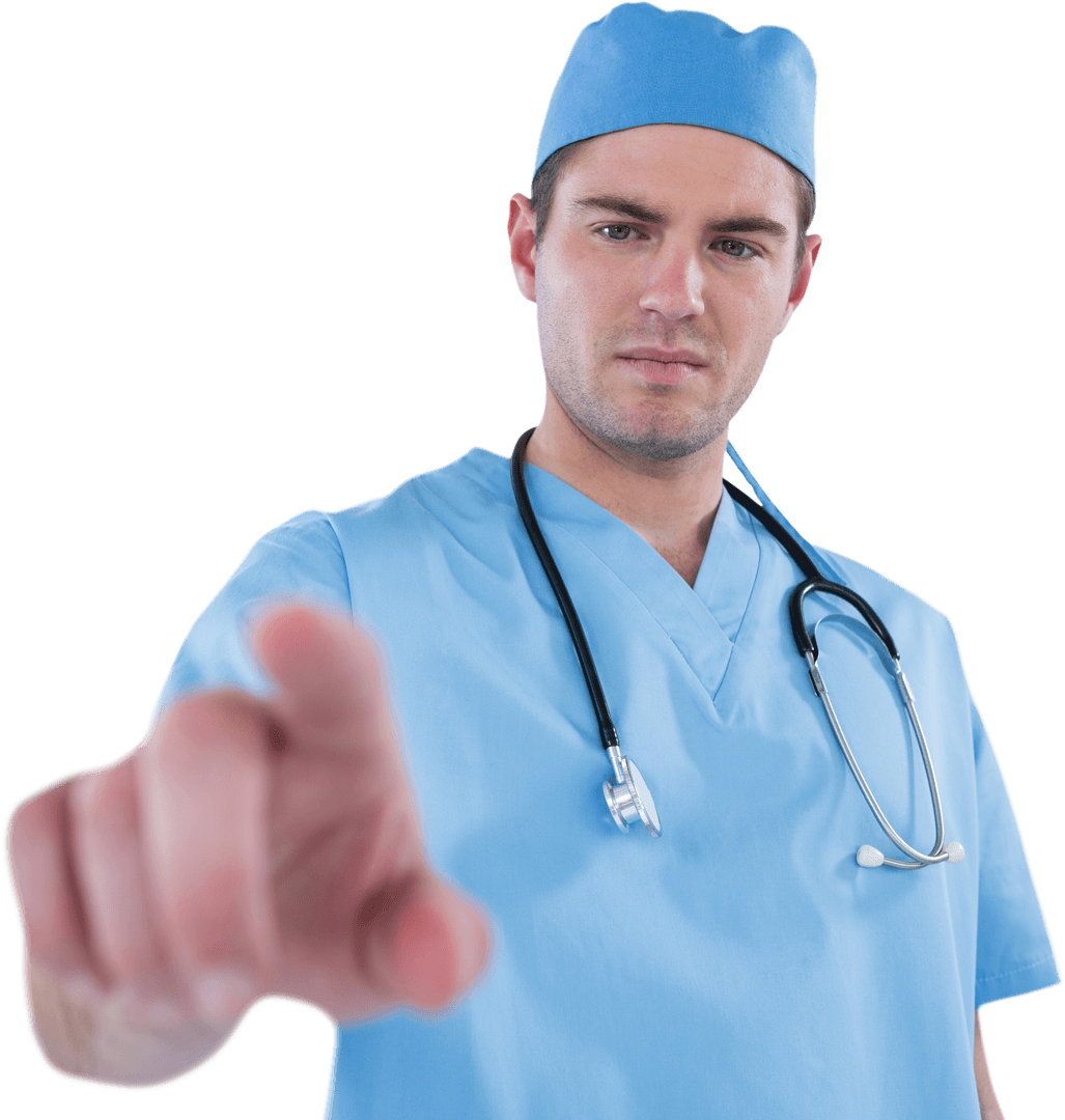 Transparent Surgeon Pointing Forward in Digital Gesture