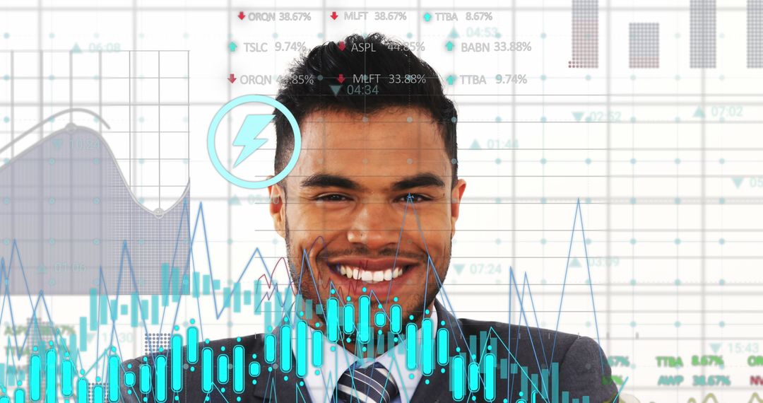 Smiling Businessman Analyzing Financial Data Visualizations