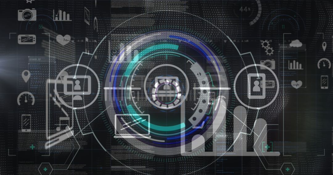 Futuristic HUD Interface Depicting Virtual Network with Technological Icons