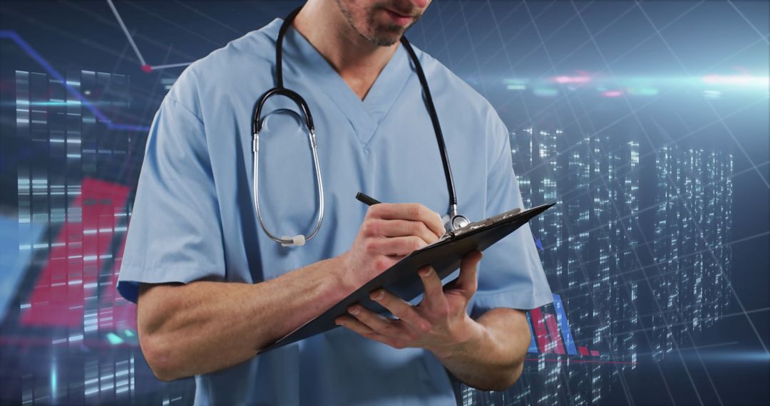 Doctor Analyzing Data with Digital Overlay and Stethoscope