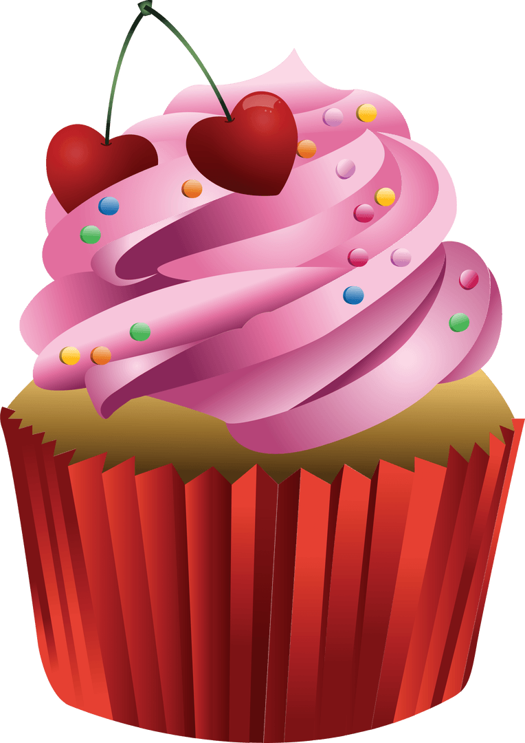 Realistic Cupcake with Pink Frosting and Cherries on Transparent Background