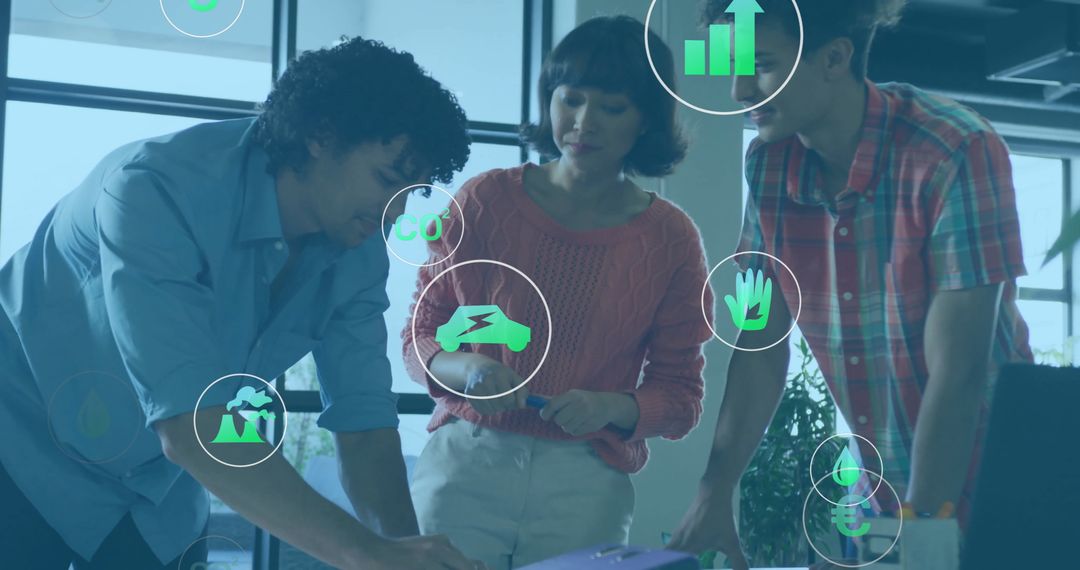 Diverse Team Discussing Environmental Solutions with Digital Overlay