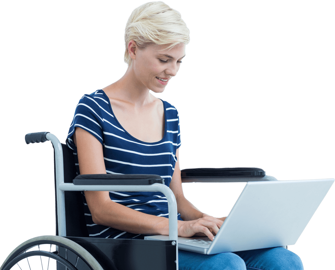 Caucasian Woman in Wheelchair Using Laptop on Transparent Background