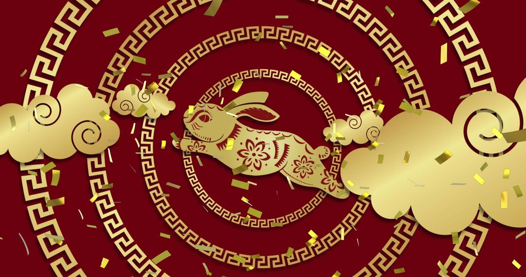 Chinese New Year Festive Rabbit Gold on Red Background